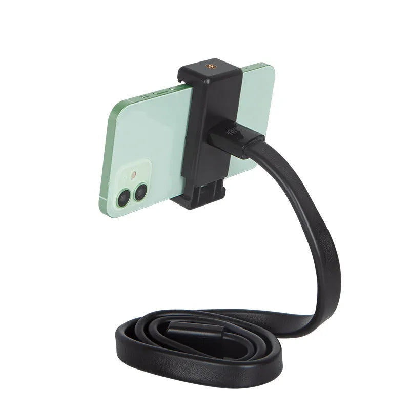 Flexible silicone and aluminium adjustable hose phone holder bent into an S-shape with smartphone attached.