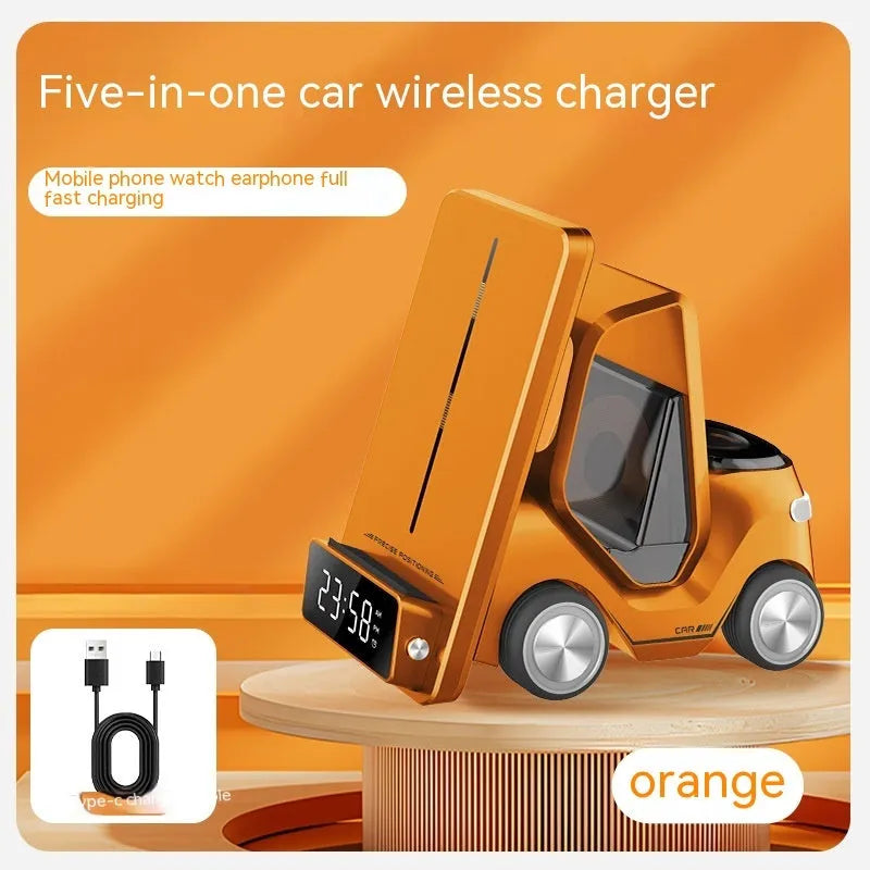 15W three-device wireless charging bracket in grey, white, yellow, or orange colours, showing compact 150x146x75mm dimensions