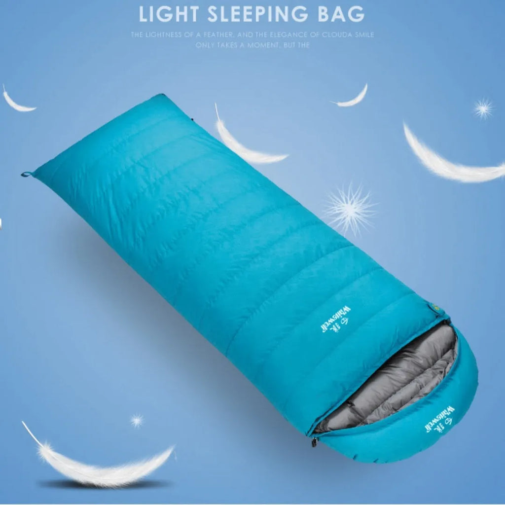 Black outdoor sleeping bag with envelope structure, white goose down filler, and 320t tear-resistant nylon fabric