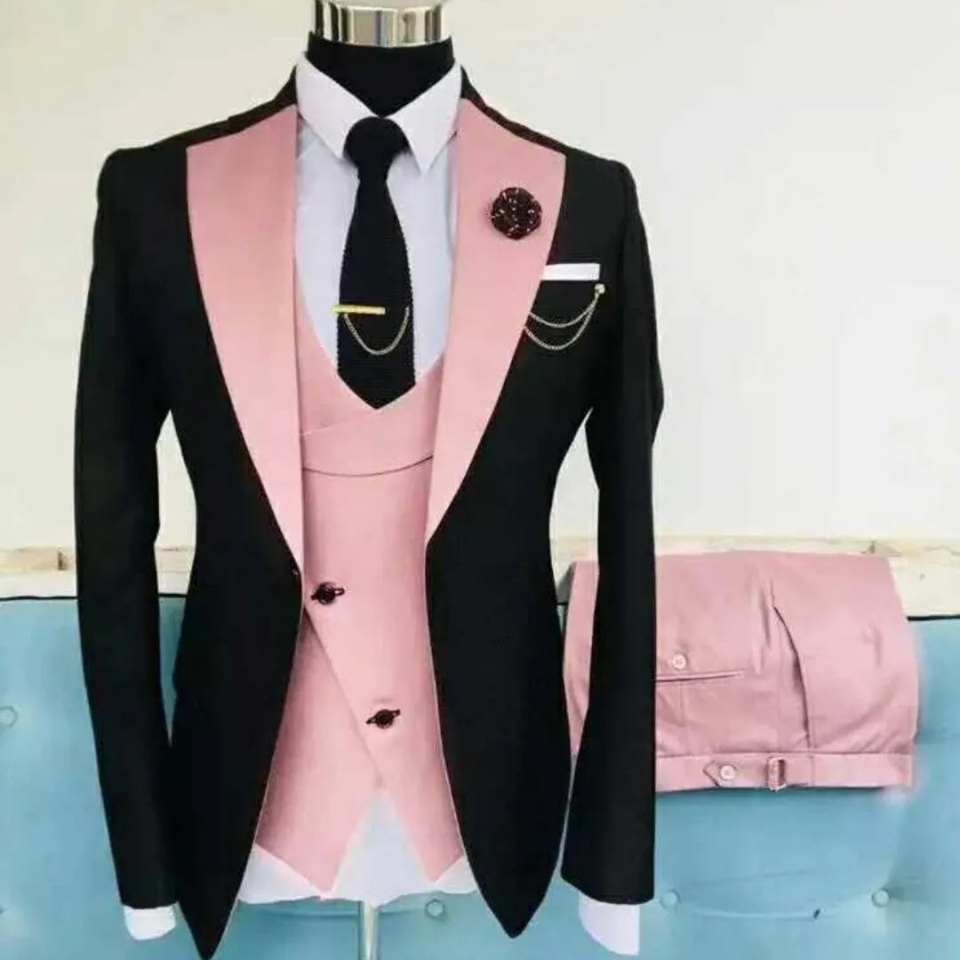 Men's slim fit three-piece business suit in cotton fabric with coat, vest, and trousers for formal occasions