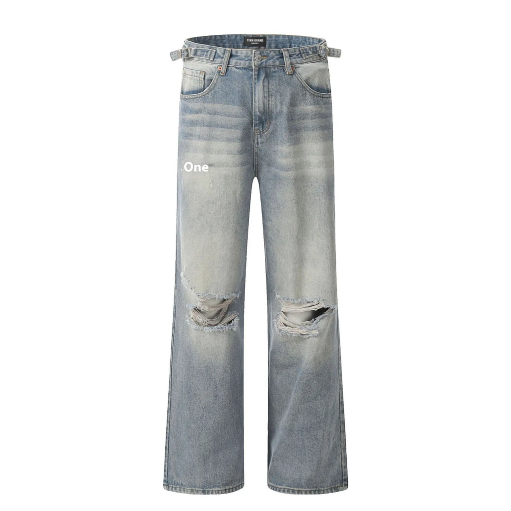 Blue straight-leg ripped jeans with zipper fly, made from inelastic cotton-blend fabric, sizes S to XXL
