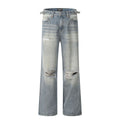 Blue straight-leg ripped jeans with zipper fly, made from inelastic cotton-blend fabric, sizes S to XXL