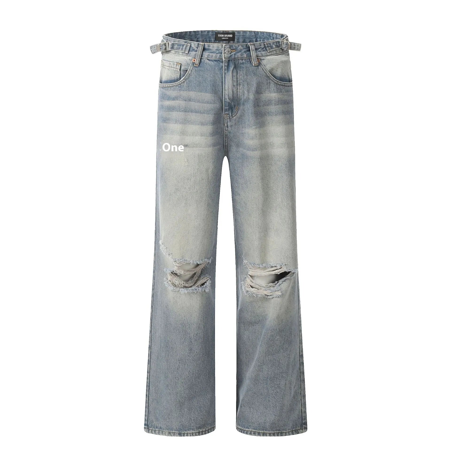 Blue straight-leg retro jeans with zipper fly on a man, showing cotton blend fabric and five size options from S to XXL
