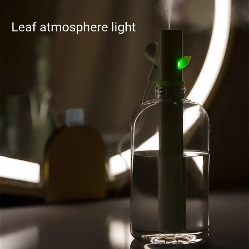 Transparent branch-shaped USB humidifier producing cool mist with 197mm height and 58mm diameter dimensions