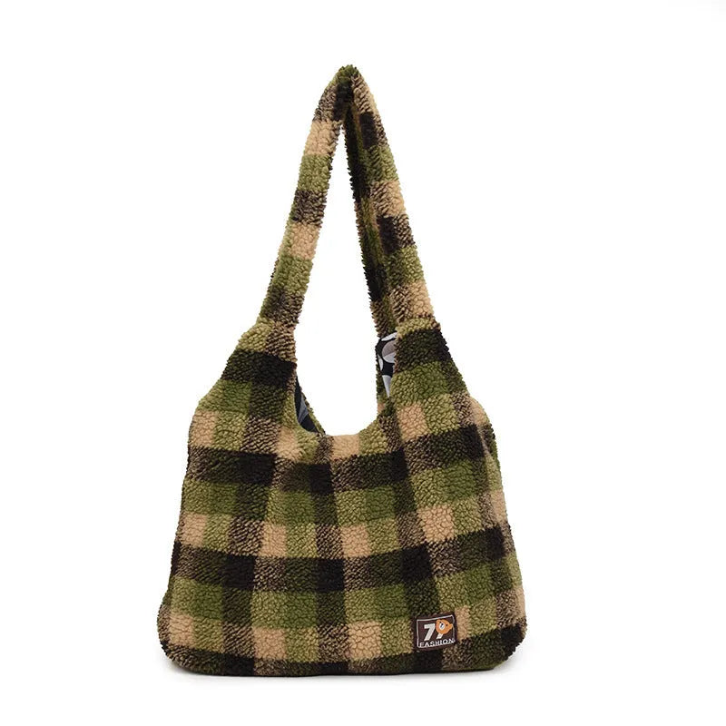 Women's plaid crossbody tote bag in army green with 40x44x9cm dimensions and zipper changing bag