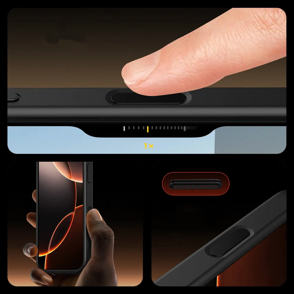 Clear black magnetic protective case for iPhone 16 with visible airbag corners on a white background.