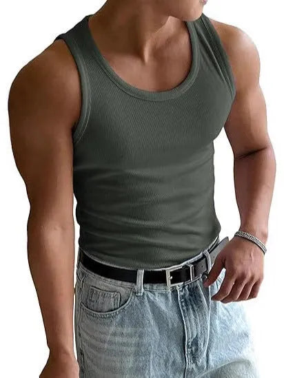 Men's tight fit round neck workout T-shirt in polyester, shown in various colours including black and blue.