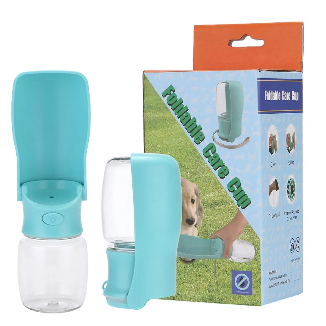 Collapsible dog water bottle in blue, pink or white with foldable design and 350ml or 550ml capacity options