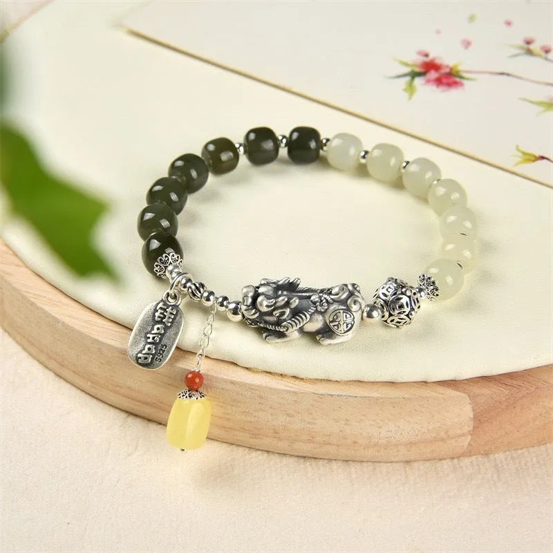 Pure silver coin bracelet with 8x7mm natural Hetian jade centrepiece, retro women's style