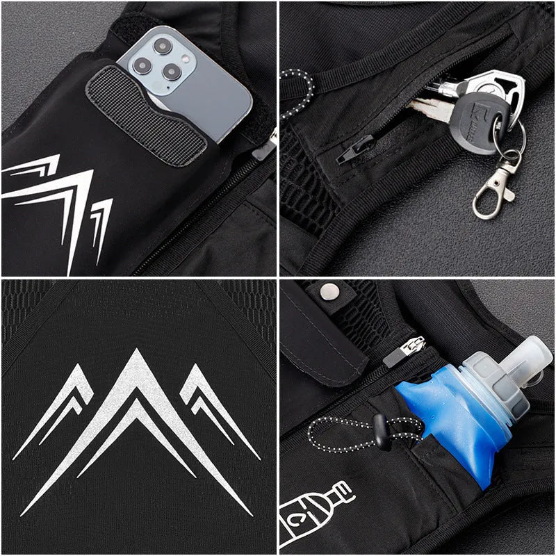 Black breathable mesh sports running vest with a front phone pocket, shown flat with dimensions