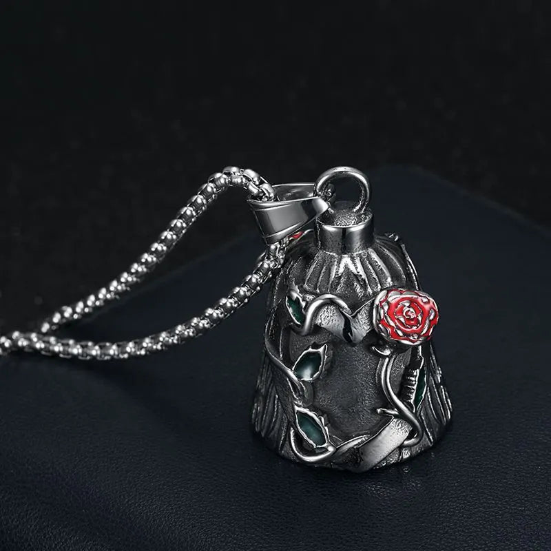 Titanium steel motorcycle riding lucky bell with double-sided epoxy rose design and polished finish in retro steel colour