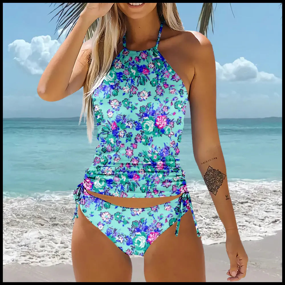 Patterned high-waist backless bikini beach swimsuit set in polyester, sizes S to 5XL, seven style options