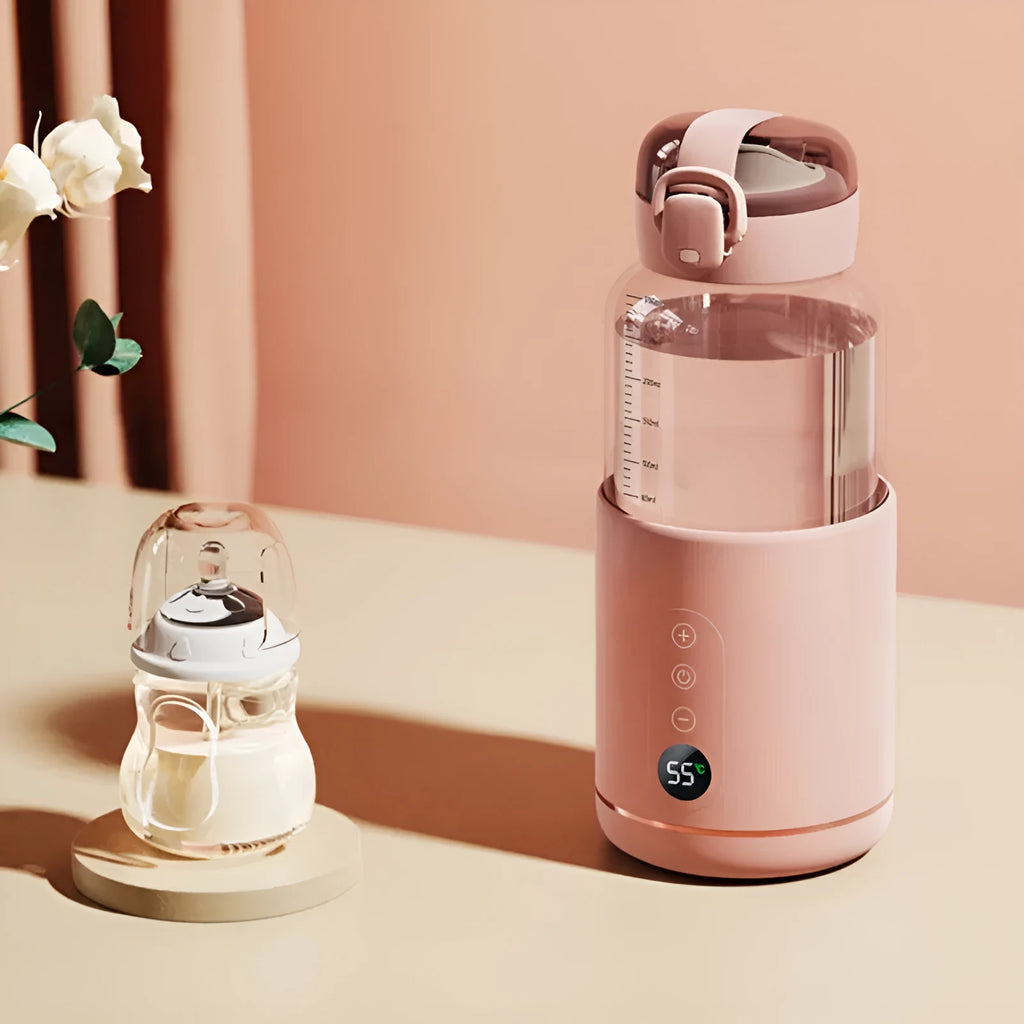 Wireless portable baby milk mixer with thermostatic cup and glass body, 86x210mm, shown in white, pink, blue or yellow.