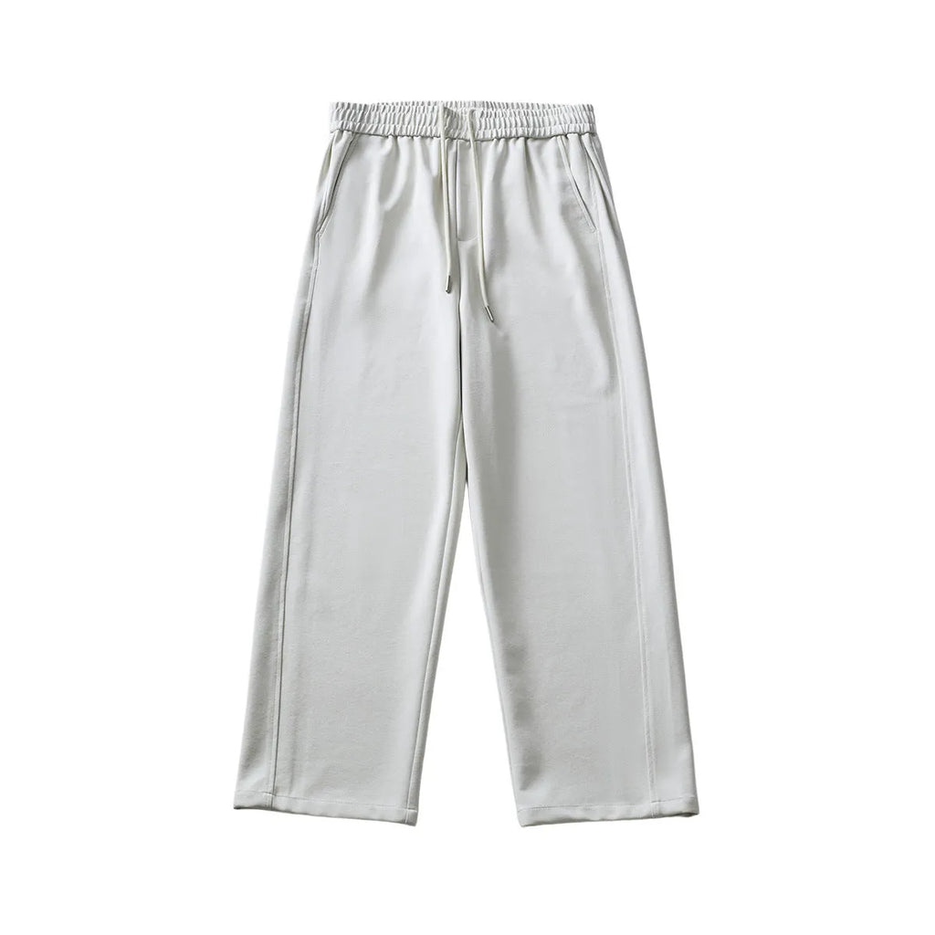 Men's grey cotton blend summer pants with high waist and lace-up closure on straight leg design