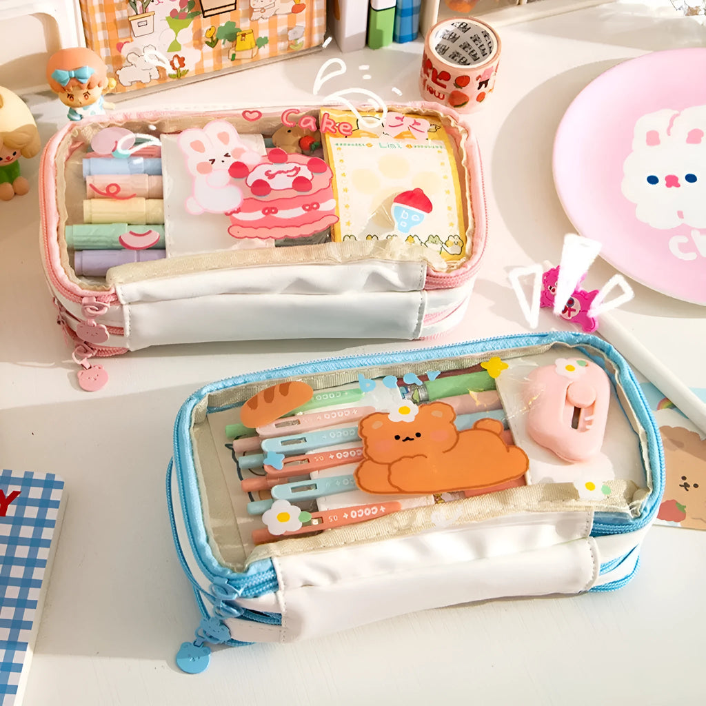 Transparent heart-shaped pen bag in Korean style with pink cake rabbit pattern