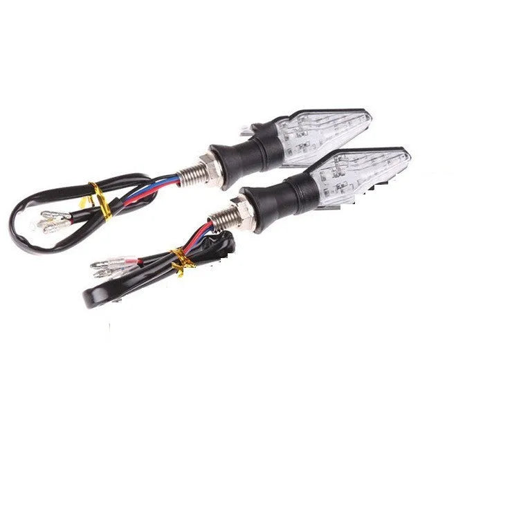 Motorcycle turn signal lights with plastic LED construction showing yellow and blue illumination