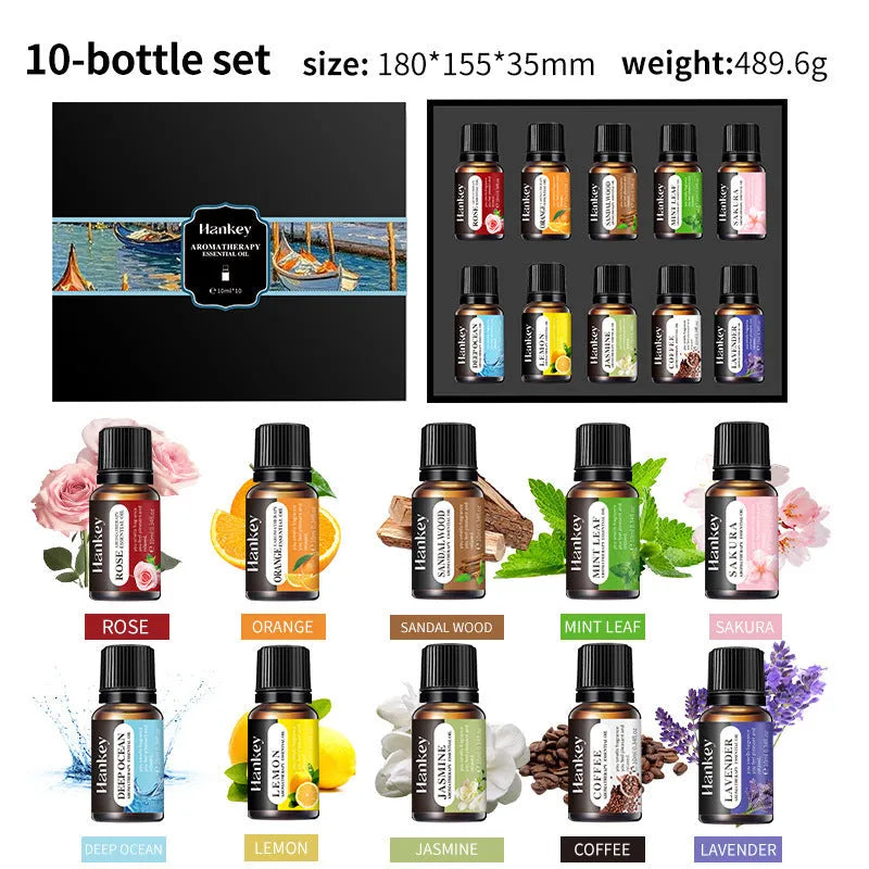 Boxed set of water-soluble aromatherapy essential oil bottles for diffusers.