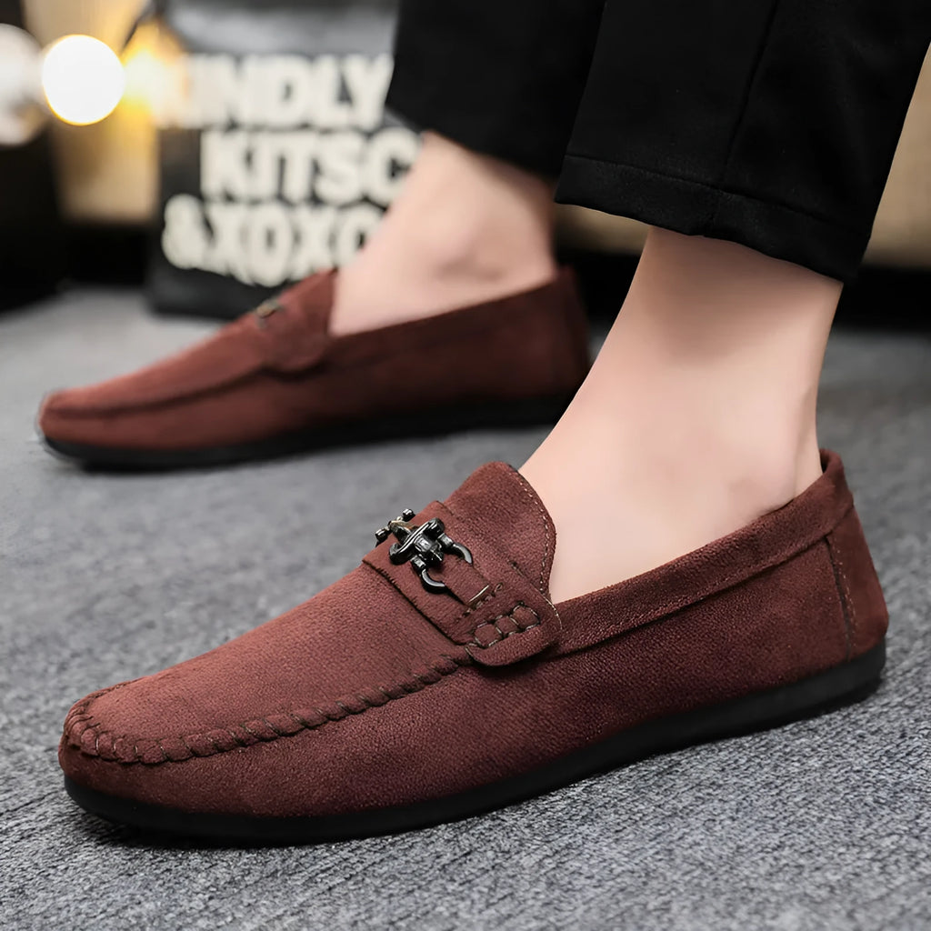 Men's black and brown waterproof PU leather slip-on loafers with round toe and rubber sole