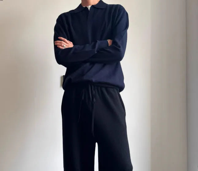 Old Money style pure wool polo sweater with lapel collar in milky white, loose fit long sleeves