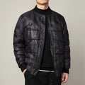Men's gray duck down jacket with stand-up baseball collar and zip front, sizes M-3XL, black or khaki.