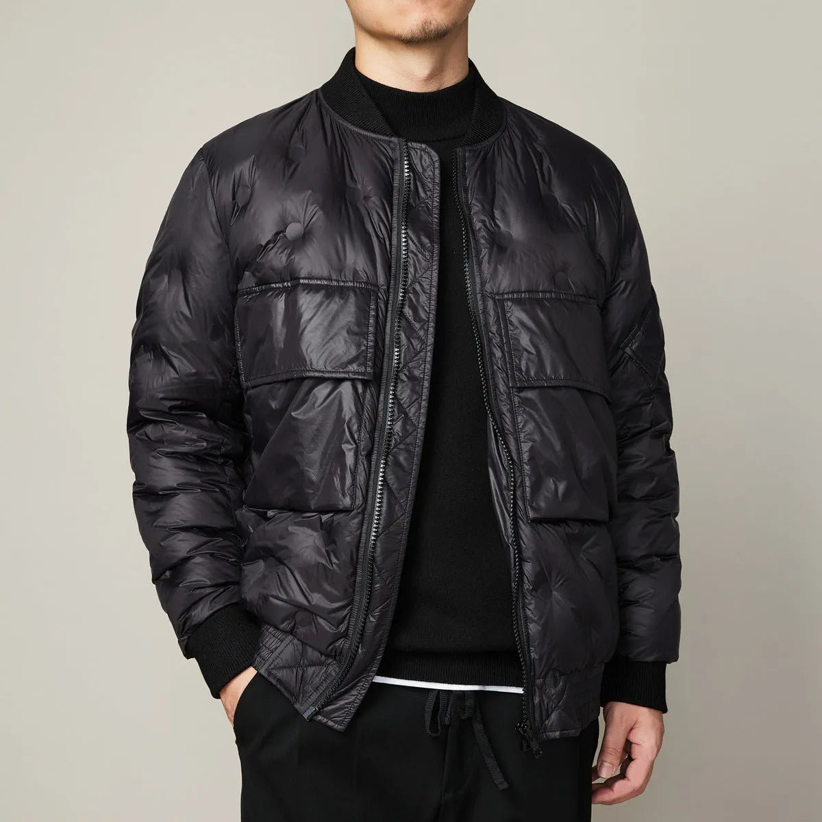 Men's gray duck down jacket with stand-up baseball collar and zip front, sizes M-3XL, black or khaki.