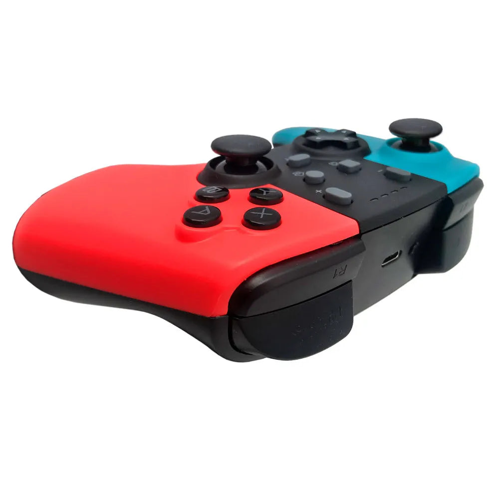 SWH wireless game controller for Nintendo Switch in hand, showing analogue sticks, face buttons, and ergonomic shape.