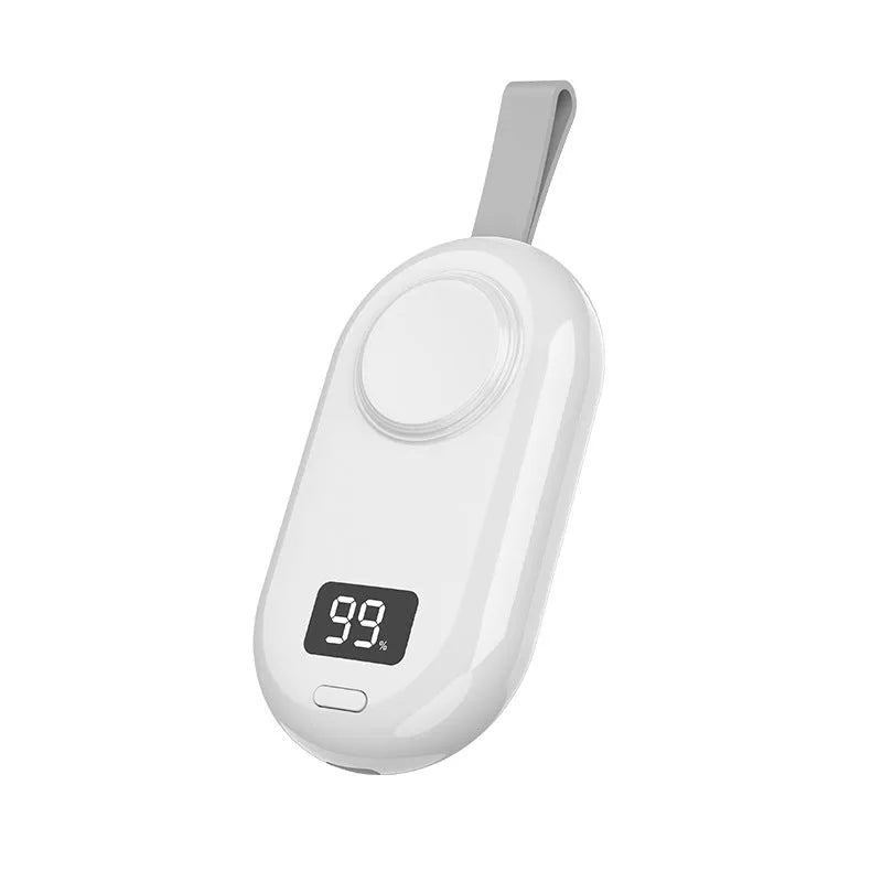 White and black plastic wireless power bank for V5 watch charging, showing Type-C port and compact 121.5x49.5x20.2mm size