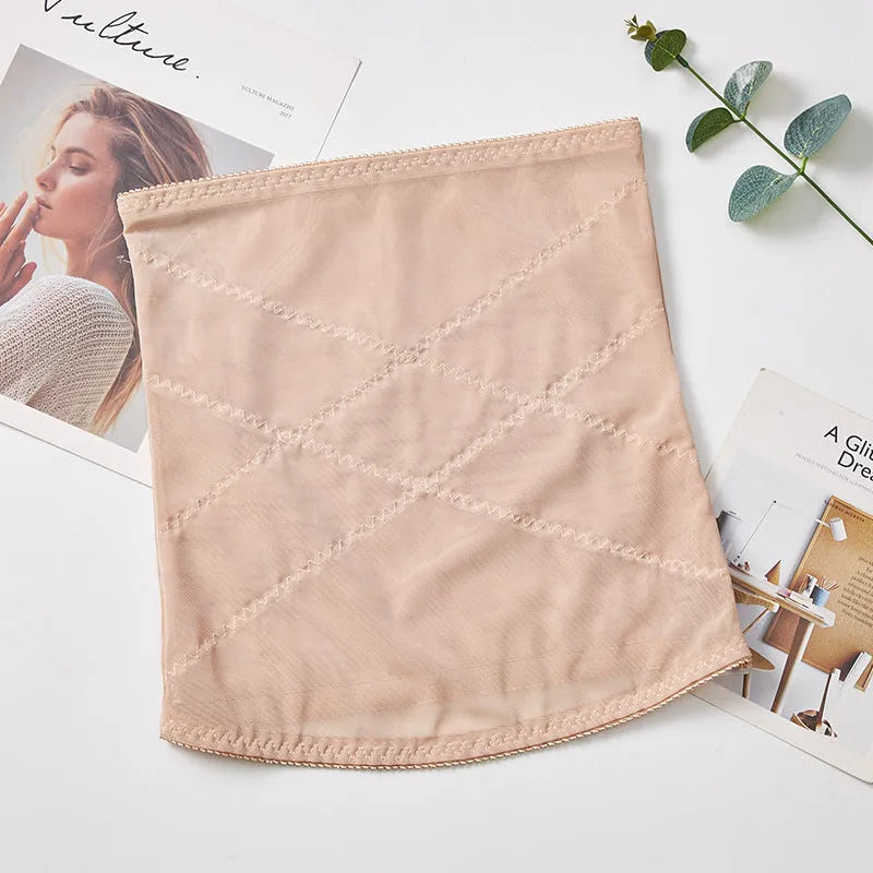 Black mesh postpartum waist trimming belly band shown on a white background.