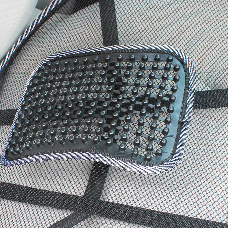 Black car lumbar support pillow with leather nail pattern measuring 41cm by 39cm