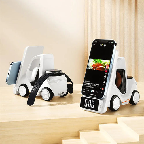 15W wireless charging bracket in grey, white, yellow, or orange with type-C port, dimensions 150x146x75mm