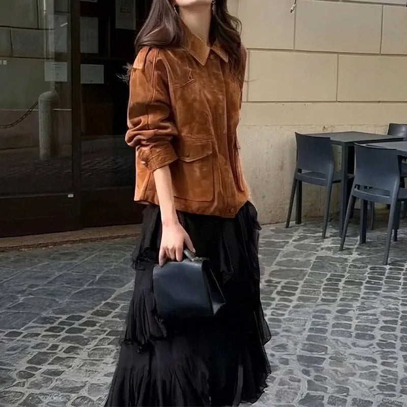 Women's suede coat in bright brown with regular sleeves, sizes S to 3XL, made from 100% polyester for street chic style.
