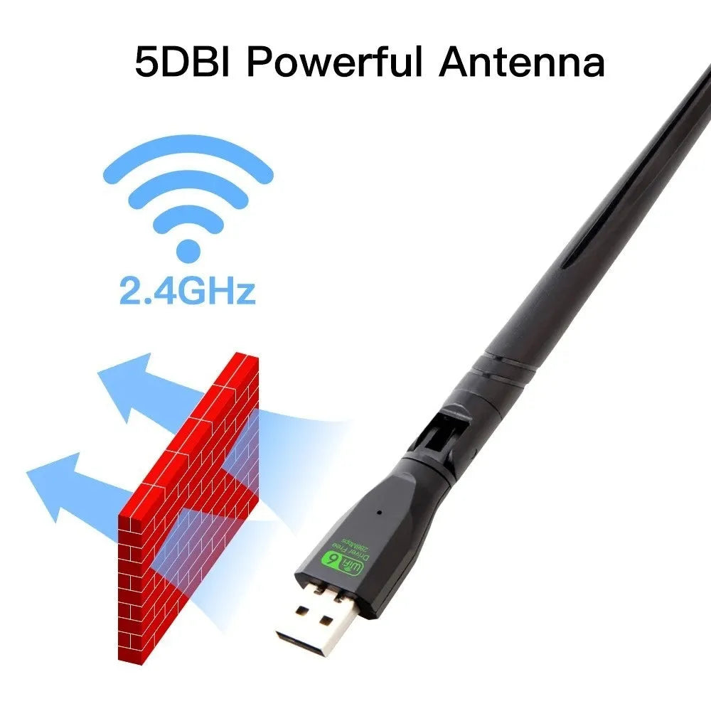 Black USB WiFi6 wireless network card with compact design for driver-free computer connectivity