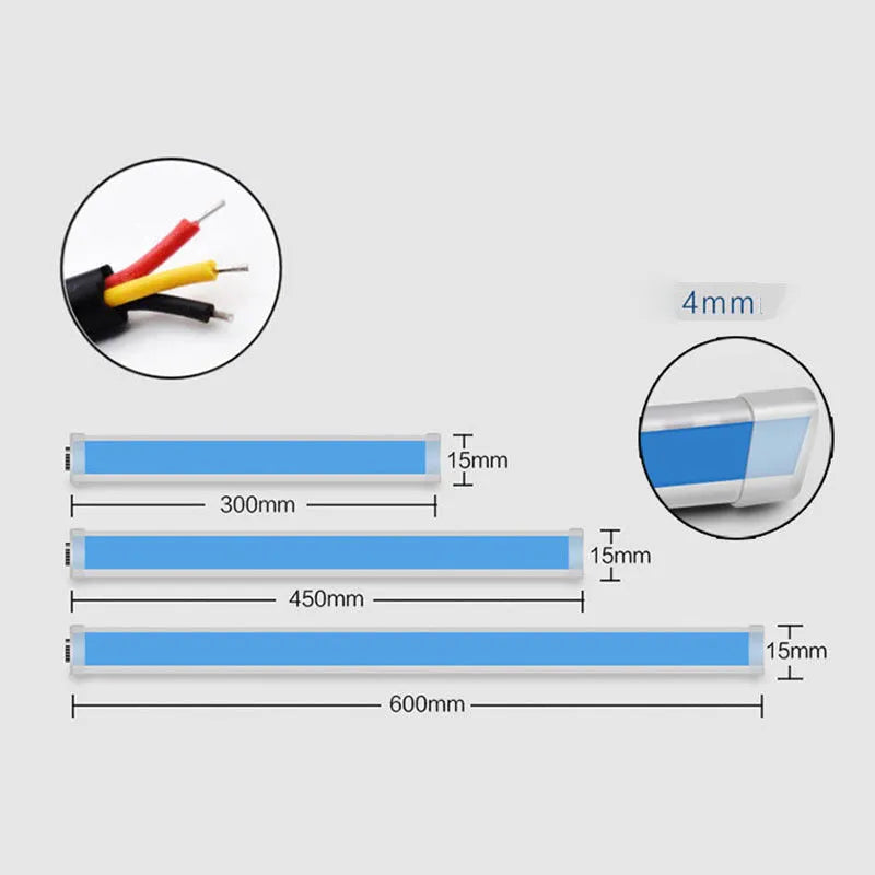 Car LED daytime running light strip with flowing turn signal, showing 0.3cm thickness and wiring connections