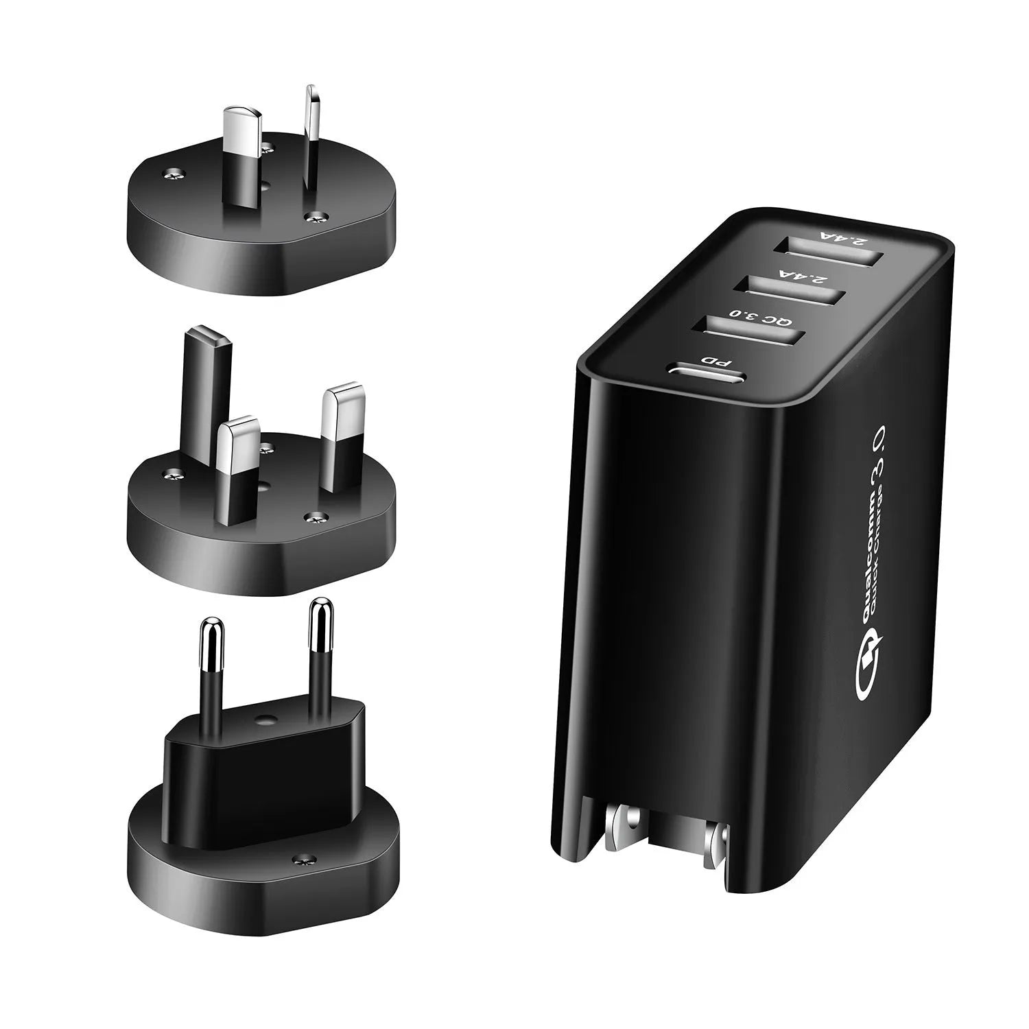 Black 48W PD four-port Type-C mobile phone charger with UK plug showing four charging ports and indication lights