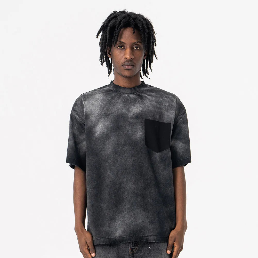 Men's black cotton T-shirt with printed letter pattern and drop-shoulder street fashion design