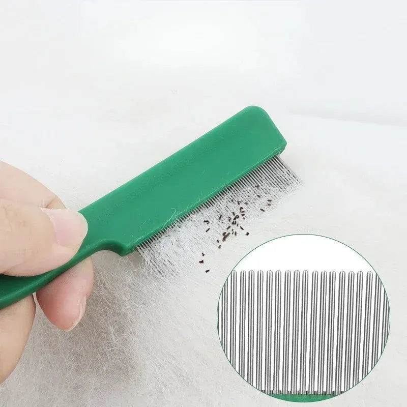 Green pet flea comb with stainless steel pins and plastic handle for grooming dogs and cats