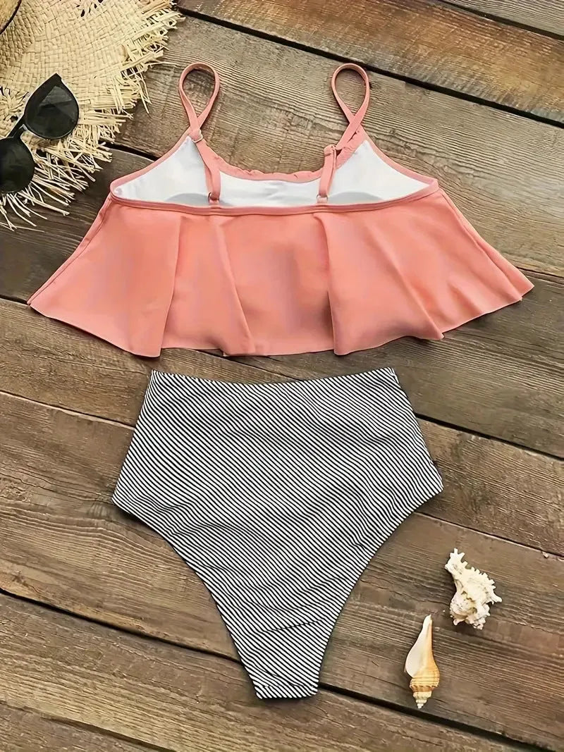 Green or orange pink women's swimsuit with ruffles, high waist, conservative split