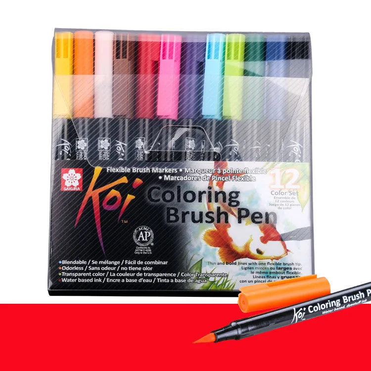 Set of water-based watercolour markers with soft brush tips in a 12-colour case.