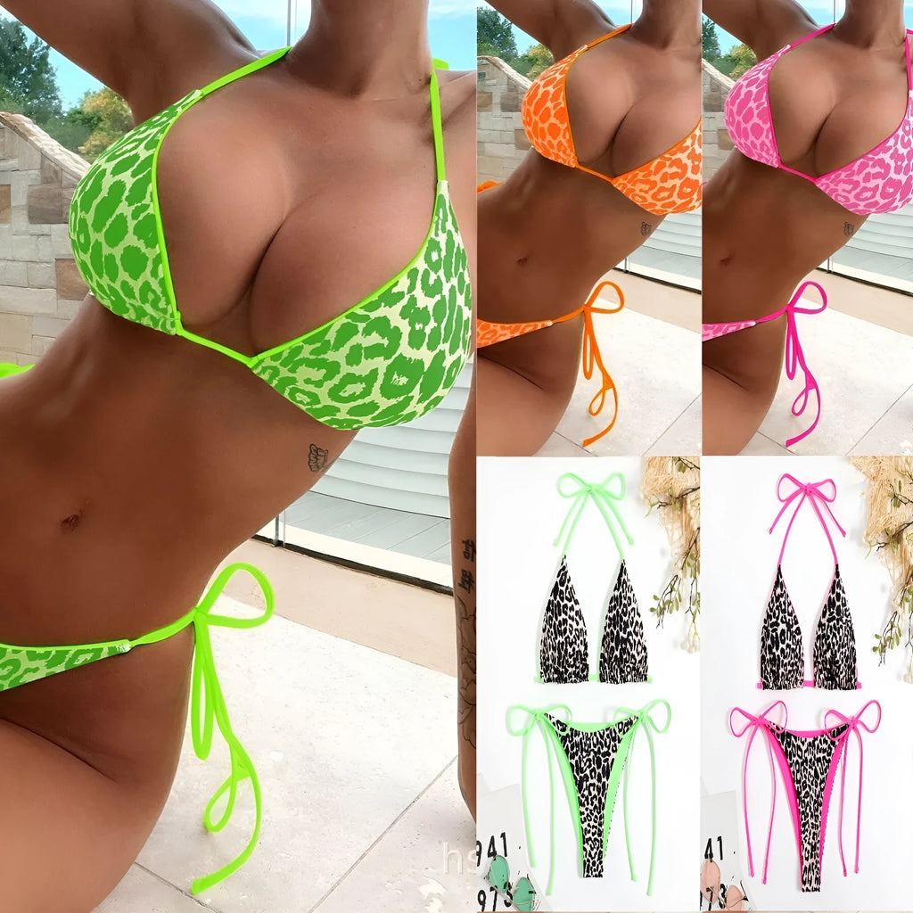 Women's lace-up front triangle bikini top with cheeky split bottoms in a solid colour.