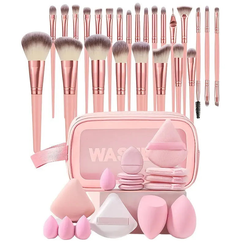 40-piece hydrophilic non-latex beauty tool set with brown, pink, and purple tools for face washing and makeup.