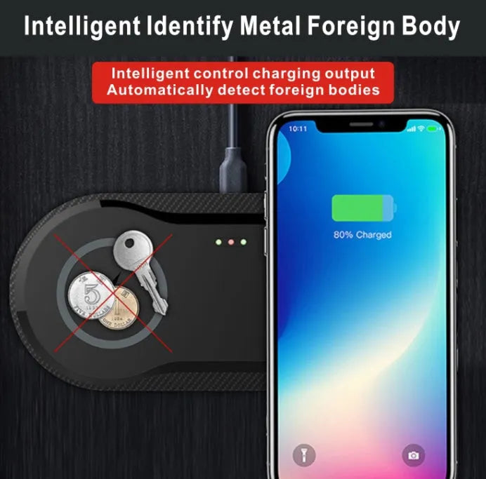 Black and white dual 10W wireless charger charging two phones simultaneously on silicone anti-slip base