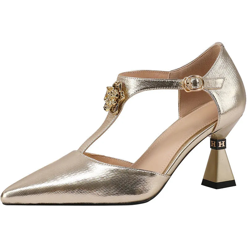 Women's genuine leather hollowed sandals with pointed toe in gold and silver colours