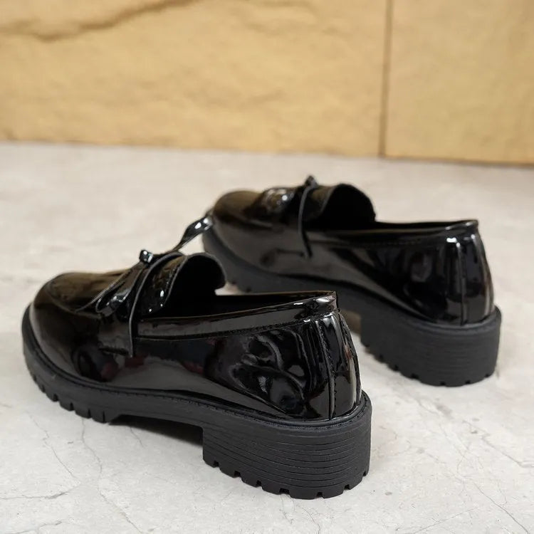 Women's brown bow loafers with artificial PU uppers for spring and autumn wear