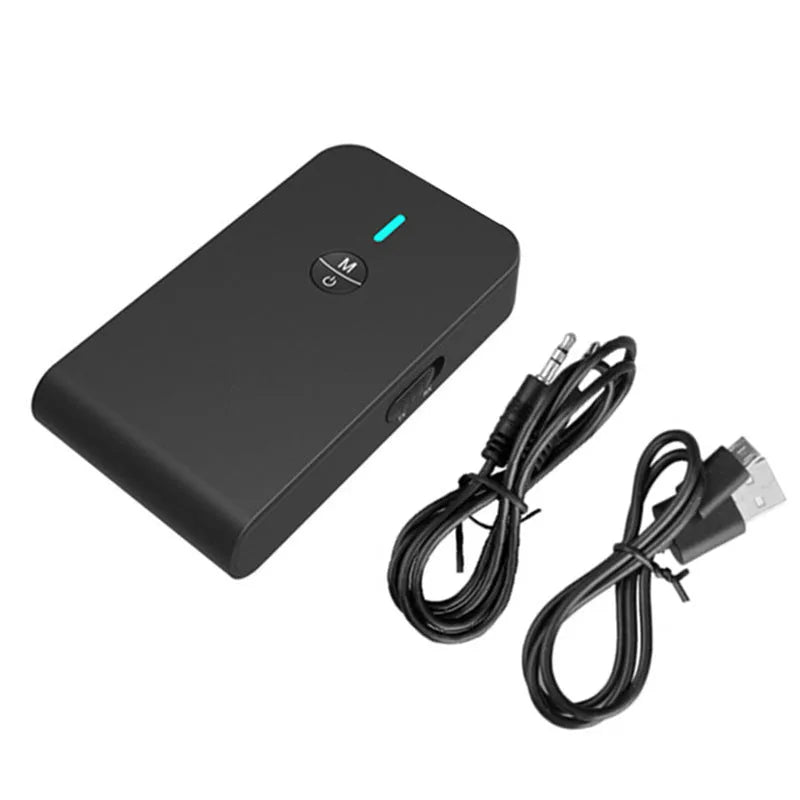 Black Bluetooth audio adapter with 3.5mm AUX connector and external power supply