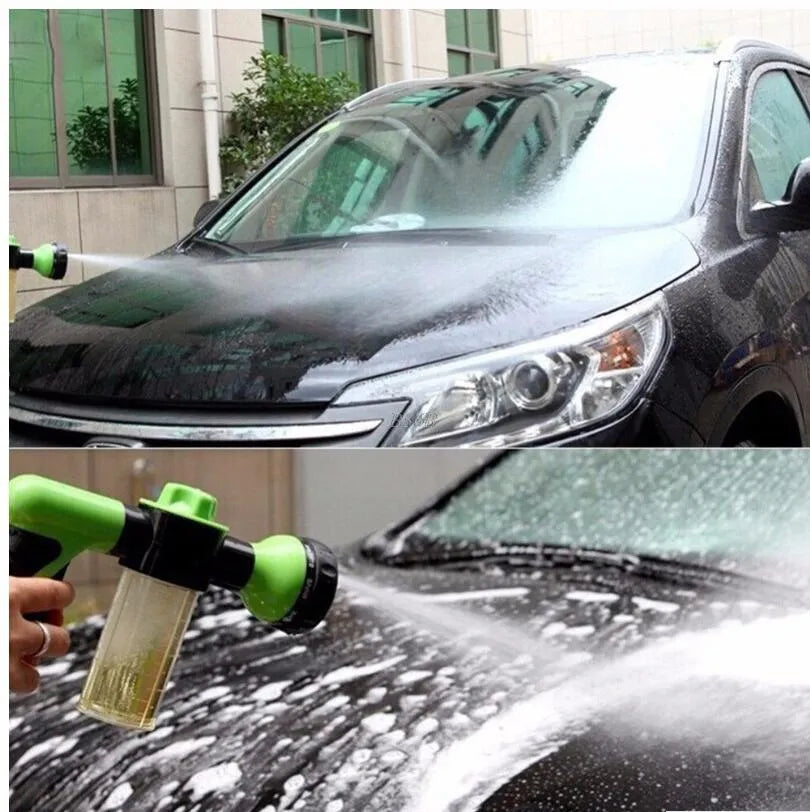Green high-pressure foam spray gun with adjustable nozzle for car washing and household cleaning, showing eight spray types and 15cm by 21cm size
