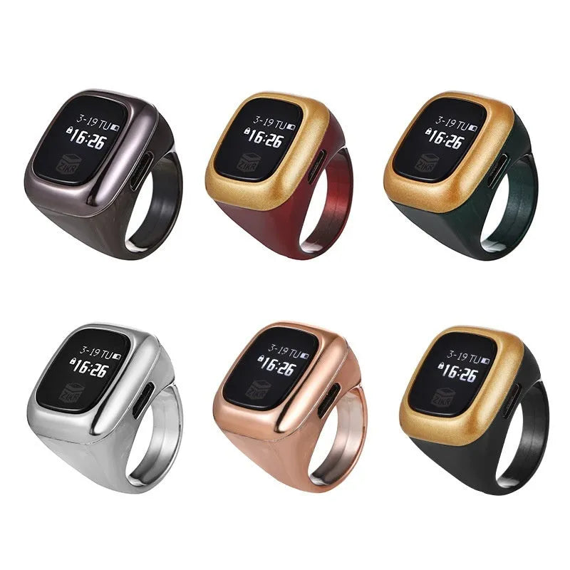 Al-fatiha Zikr electronic counter on wrist with digital display showing count, available in black, space grey, rose gold, silver, wine red, green.