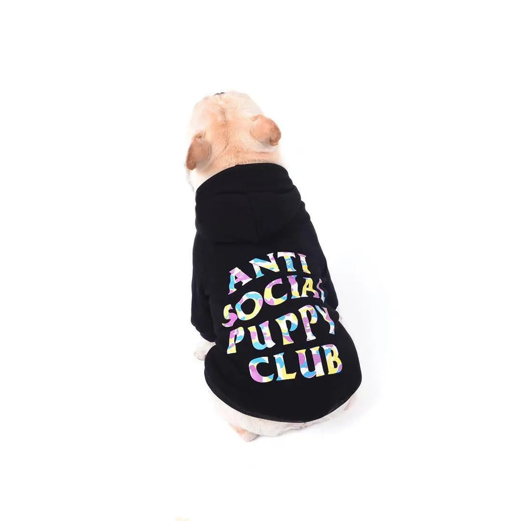 Plush hooded cotton pet dog sweater in black or white, sizes XS to XXL and FB