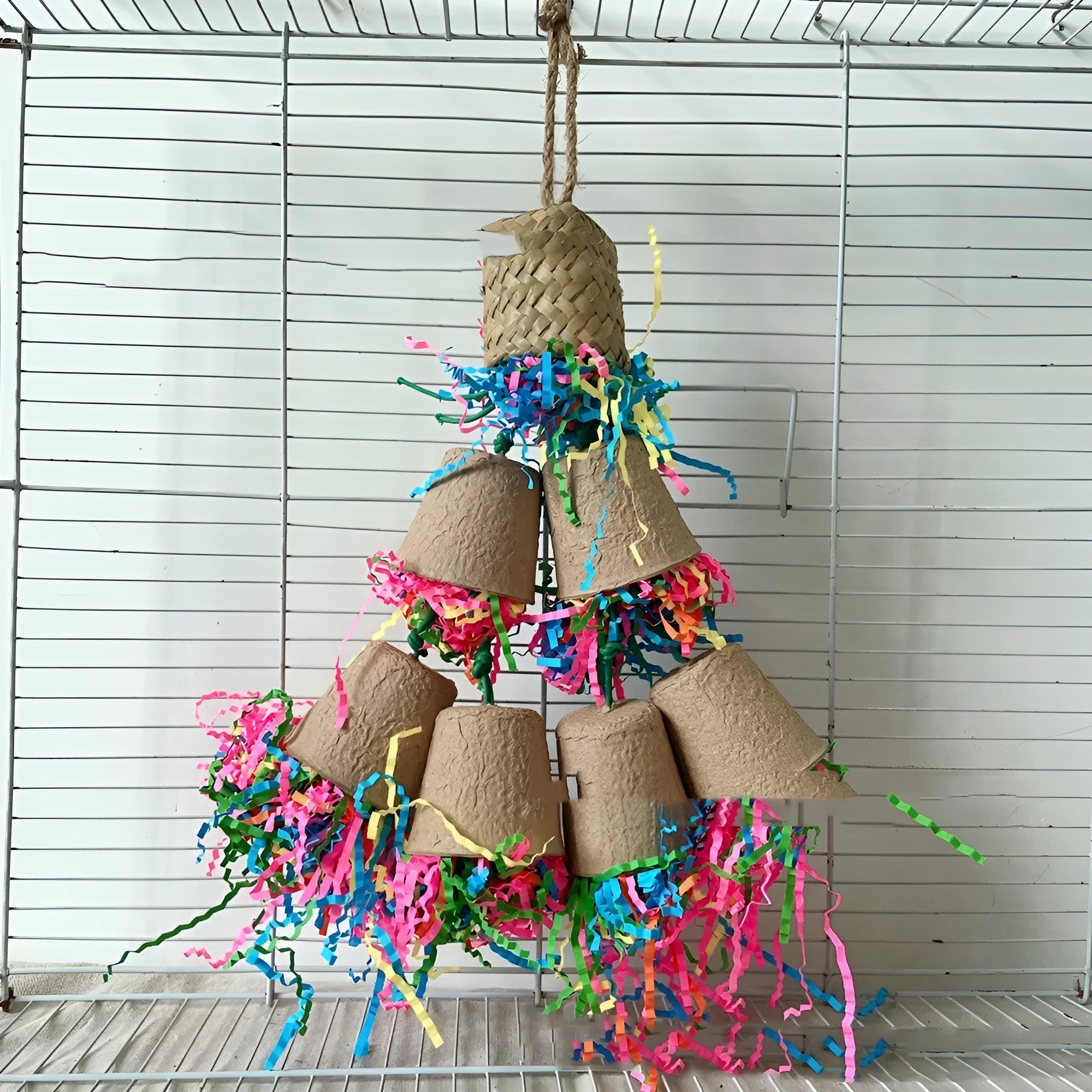 Parrot paper cup palm weaving gnawing toy with wood colour hanging at 38cm height