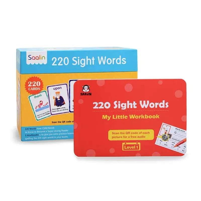 Box set of 220 high-frequency word flash cards and five phonics workbooks for early learning.