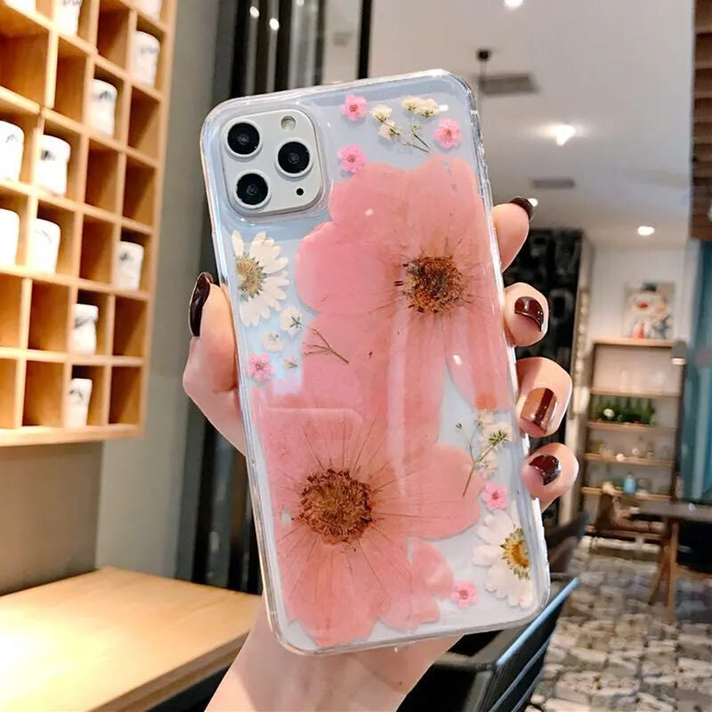 Flower phone case with large pink floral design on TPU back cover for iPhone protection